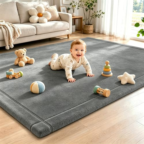 Capslpad Baby lekmatta för golv, 150 x 200 cm stor halkfri korall sammet vadderade lekmattor matta mjuk 2,5 cm tjock fyllig matta, minnesskum krypmatta för magtid, barnkammare, barn, lekrum, grå