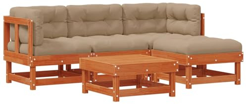 Foknhdi Set di 15 lounge da giardino in pino massello marrone cera, 183 x 121,5 x 62 cm, modulare con tavolo, tappezzeria, mobili da giardino, terrazzo, per esterni