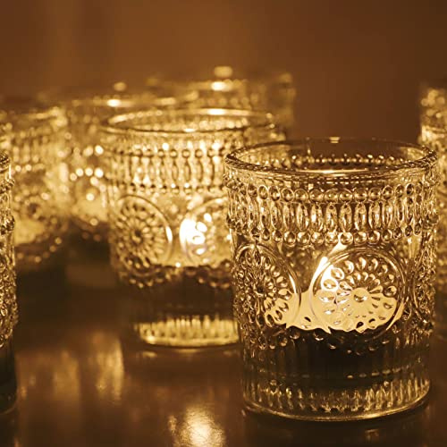 Lot de 12 Photophores Transparents pour décoration Maison, Motif Tournesol | Bougeoirs en verre pour décoration de mariage, photophore verre style bohème pour Pâques ou Halloween (5,5 cm x 6,5 cm, W·H)