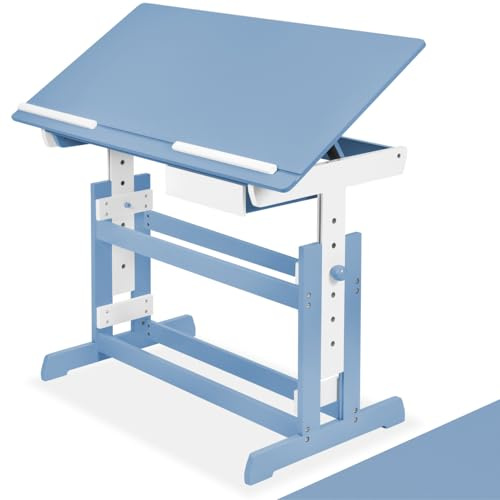 tectake® Kinderschreibtisch, Schreibtisch höhenverstellbar, Kindertisch mit Stauraum Schublade, Tischplatte neigbar, höhenverstellbarer Tisch, Arbeitszimmer für Kinder, Jugendzimmer - blau