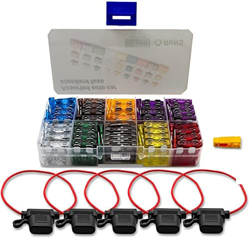 BeiLan 100 pcs Standard Fusibili Auto Assortimento Fusibile 18*19mm (2A 3A 5A 7.5A 10A 15A 20A 25A 30A 35A) con 5pcs 12V Portafusibili a Lama con 16AWG Filo ADD-a-Circuit Fusibili Tap con estrattore