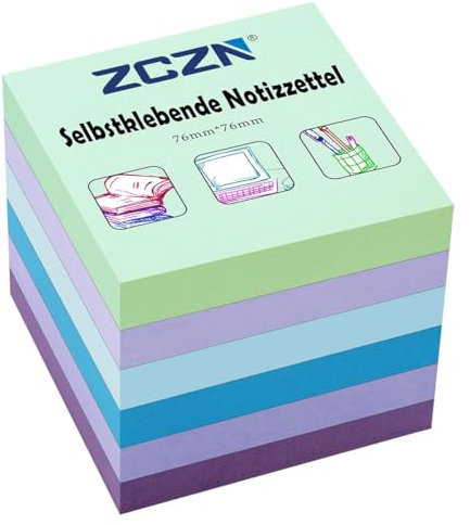 ZCZN Haftnotiz Sticky Notes Selbstklebende Haftnotizzettel Notizzettel Klebezettel 6 Blöcke, 80 Blatt, 76 x 76 mm, 5 Farben (hellgrün, hellviolett, hellblau, blau, lila)