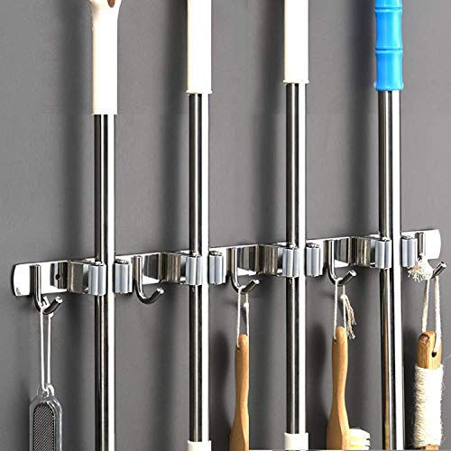 Saxhorn Broom Mop Holder Wall Mount Stainless Steel Tool Hanger Storage Organizer for Home, Kitchen, Garage, Garden, Laundry Room, Bathroom Organization and Storage(4 Racks 5 Hooks)