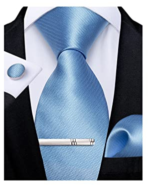 DiBanGu Mens Tie Silk Solid Sky Blue Necktie and Pocket Square Cufflinks Tie Clip Set Classic Formal Ties for Wedding Party
