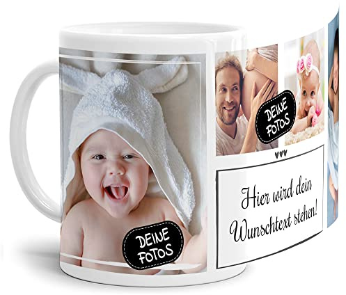 Foto-Tasse selbst gestalten mit Text & Collage für 4 Fotos - Geschenk für Familie, Freunde, Geburtstag, Weihnachten - Keramik Weiß, 300 ml I Personalisiert