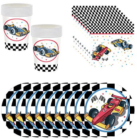 BlinBlin Racing Car Tableware, Car Theme Party Dinnerware Plates, Napkins Reusable Paper Dinner Dessert Cake Plates Kit, Party Decoration, Serves 16 Guests