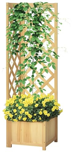 Outsunny Wooden Raised Garden Bed with Trellis, 57 Freestanding Corner Planter Box for Vine Plants Flowers Climbing and Planting Natural