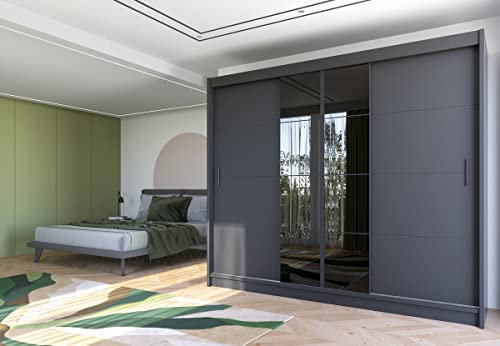 Kleiderschrank Porto II mit Spiegel 250 cm, Schwebetürenschrank, Garderobeschrank Schlafzimmer; Wohnzimmerschrank; Korpus Schrank Farbe: Graphit; Farbe der Schrankfront: Graphit; Mehrzweckschrank