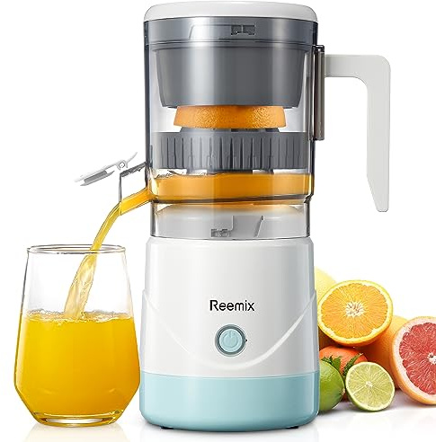Electric Citrus Juicer, Reemix Full-Automatic Orange Juicer Squeezer for Orange, Lemon, Grapefruit, Citrus Juicer with Cleaning Brush, Easy to Clean and Use (White)