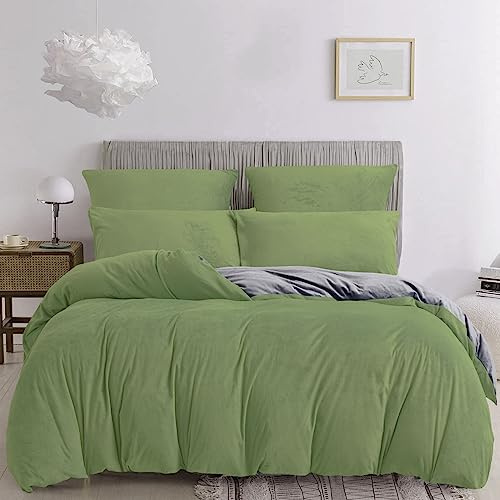 Damier Plüsch Bettwäsche 200x220 Winter Warm Grün Hellgrün Grau Uni Einfarbig Wende Bettwäsche Set Flauschig Kuschelig Cashmere Touch 3-teilig mit Reißverschluss und 2 Kissenbezügen 80x80 cm