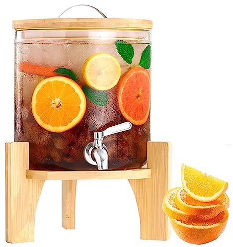 QUTBAG Glass Drink Dispenser, 1.5L/2.5L/4L/5L Ice Drink Dispensers, with Spigot and Wooden Stand, for Parties, Beverage Dispense Cold Drink Dispenser for Party Daily Use 1.5L
