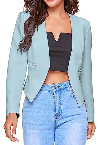 Blazer court slim pour femme élégant et léger pour affaires, bureau, travail, couleur unie, manches longues, veste de bureau, bleu clair, M