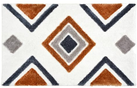 Waschbarer Badezimmerteppich rutschfest - Ethno 60 x 90 cm (Rechteckig) | Weiche Badematte weiß mit Motiv Badteppich groß Badvorleger Trockner geeignet Duschvorleger Badezimmer Baumwolle