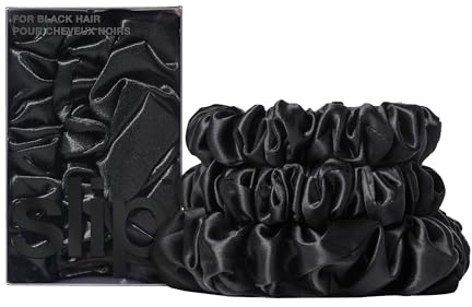 Slip Silk Back to Basics 100% Maulbeerseide Haargummi Set - Schonende Zopfgummis gegen Haarbruch, 2 Scrunchies Mittel, 1x groß - Schwarz