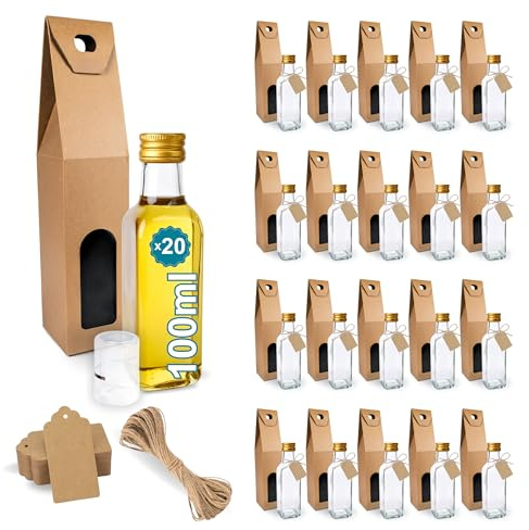 20x Mini Bouteilles en Verre 100ml avec Bouchon a Vis Doré + 20 Boîtes + 20 Sceaux + 20 Étiquettes Kraft + Ficelle - Petites Bouteilles pour Huile d'Olive, Vinaigre, Alcool, Sauces, Échantillons