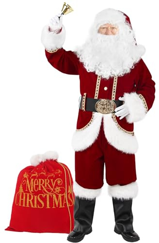 Boveco Christmas Men’s Santa Costume Set adult 11 Pcs Deluxe Santa Claus Costume Suit Velvet for Xmas Holiday Party Cosplay