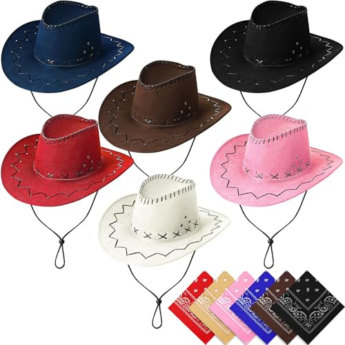 MSYU 6 Sets Cowboy Hat with Bandana, Unisex Western Cowboy Hat, Felt Wide Edge Western Cowboy Hats Classic Panama Hat Outdoor Wide Edge Cowboy Hats