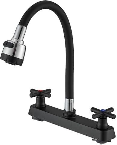 Robinet de cuisine de rechange pour camping-car, robinet d'évier de cuisine avec 2 poignées, arche flexible, pivotant à 360°, pulvérisateur double fonction pour camping-cars, remorques de voyage, noir