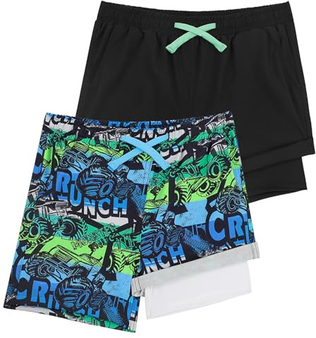 LACOFIA 2 stycken badshorts för pojkar 2-i-1 barnbadbyxor med kompressionsliner, simbyxor med elastisk midja, barn, sommar, strandshorts, snabbtorkande i 4–14 år, Svart + grön, 122-128