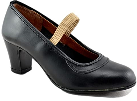 Pasos de baile - Zapatos de Baile Flamenco con puntillas y Tira elástica. 644986 Cuero NIÑOS Color: Negro Talla: 39