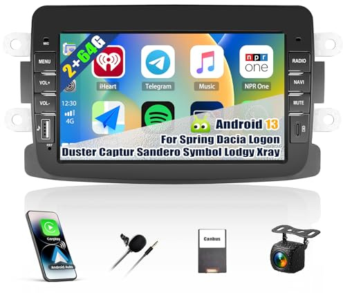 CAMECHO 2+64G Android 15 Autoradio pour Renault Dacia Logan Duster Sandero Lodgy Capture Symbol Lada Xray, Navi GPS Carplay sans Fil, 7 Écran Tactile Radio Bluetooth WiFi/MirrorLink/RDS+CANBUS