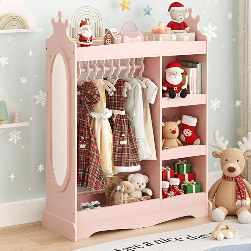 LUE BONA Armario Infantil de Ropa, Ropero con Perchero y estantes, Organizador de Madera con Espejo Entero, Mueble de Almacenamiento de Dormitorio para niño,85 x 34 x 112 cm,Rosado