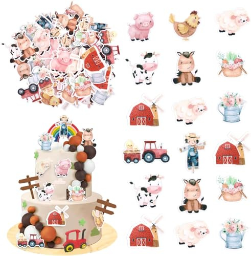 60 Stück Essbar Bauernhof Tier Tortendeko Reis Papier Waffel Papier Cupcake Toppers Bauernhoftier Kuchen Deko für Bauernhof Tier Thema Baby Dusche Scheunenhof Geburtstag Party Cupcake Dekorationen