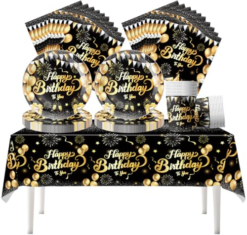 Fuwraixis Black Gold stoviglie per feste, Posate di diamante, 61 pezzi bambini compleanno stoviglie, Set di piatti di carta per feste, Adatto per anniversari, Per 20 persone