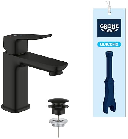 GROHE Dice, energiesparende Waschtischarmatur, Kaltwasser in Mittelstellung (Wasserhahn für das Bad, 15cm hoch, Push-Open Ablauf, inkl. 3in1 Werkzeug, einfache Installation), mattschwarz, 1018612430