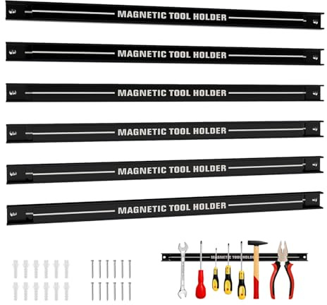 TANGZON Set of 3/6 Magnetic Tool Holder Rack, Heavy-Duty Steel Wall Mounted Tool Strip Organizer, Garage Wall Holder for Screwdriver Wrench (6PCS with Same Length, Black)