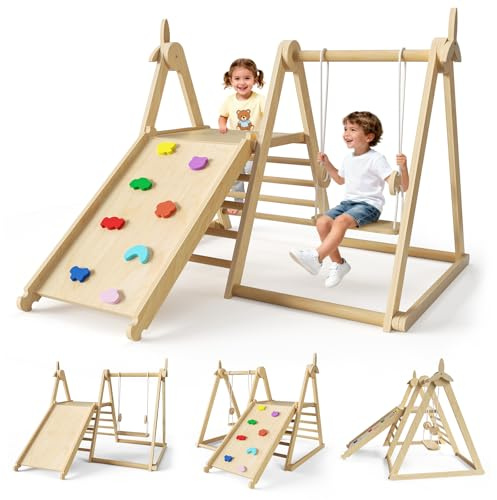 Lischwert 5-in-1 Montessori Faltbares Klettergerüst Indoor aus Holz Beinhaltet Schaukeln, Rutschen, Kletterleitern, Kletterbretter und Windmühlen Kletterdreieck Montessori für Kinder ab 1 Jahr