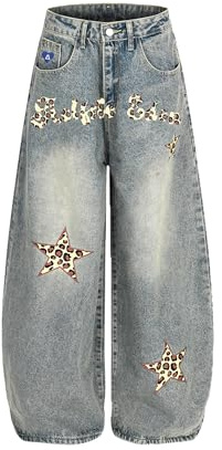 Aelfric Eden Baggy Barrel Jeans Leopard Star Wide Leg Jeans Y2k Streetwear Casual Denim Pants Trousers