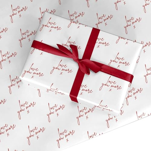 Love You More Wrapping Paper - Wedding Anniversary Birthday Valentines Day Gift Wrap for Couples Women and Men - Red Handwritten Script Text Design Present Paper Made in the UK - 2 Sheets (50x70cm)