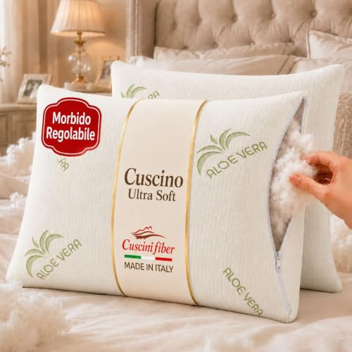 cuscini fiber - 2 Cuscini Letto Matrimoniale Ultra Soft Imbottiti con Fibra di Poliestere Molto Morbida, il Guanciale Letto Possiede un’Altezza di 15cm REGOLABILE con Comoda Zip (Aloe)
