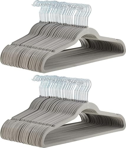 Amazon Basics Kleiderbügel für Anzug / Kostüm, mit Samt überzogen, 100er-Pack, Grau