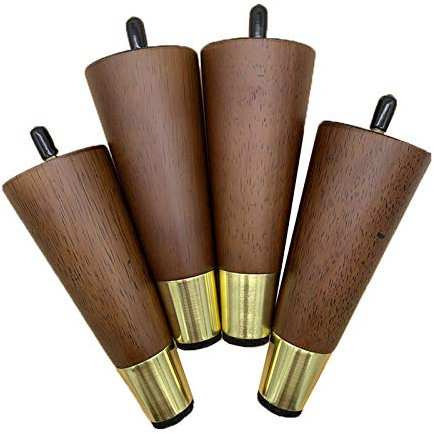 4x Holz Möbelfüße Tischbeine Möbelfüsse Massivholz Konisch Möbelbeine mit Gold Messing Abdeckung Vorgebohrten M8 Bolzen für Sofa Bett Schrank Stuhl(15cm)
