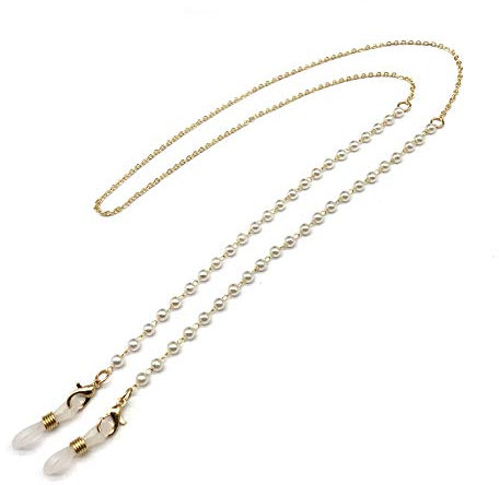 Bikirin Perlen Brillenkette, Hohe Qualität Damen Legierung Perle Brillenketten, Aktualisierte Version Lesebrille Lanyards mit Anti-Rutsch-Gummiring, weiß