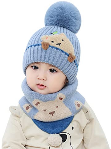 Winter Baby Mützen, Baby Kinder Schlupfmütze Warm Niedlich Bär Wintermütze Schalmütze, Baby Strickmütze mit Bommel Beanie Mütze und Schal Set für Jungen Mädchen 6-48 Monate