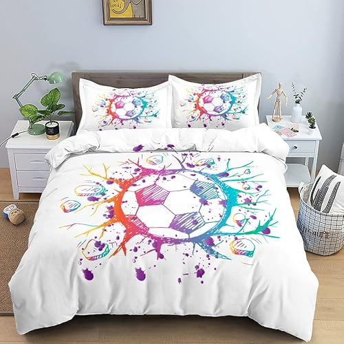 Funda Nordica Cama 180-260x240 cm fútbol Blanco Fundas de Edredón de Matrimonio Microfibra Adultos, Juego de Ropa de Cama con Cremallera y 2 Fundas de Almohadas 50x75cm