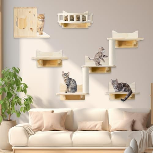 Katzen Kletterwand Set, 5 Teiliges Holz Wandmontage Katzenwandmöbel Set Inkl Katzenregale, Sitzstangen für Wand, Sisalpfostenleiter, Katzentreppe Wand und Katzenhöhle Wand