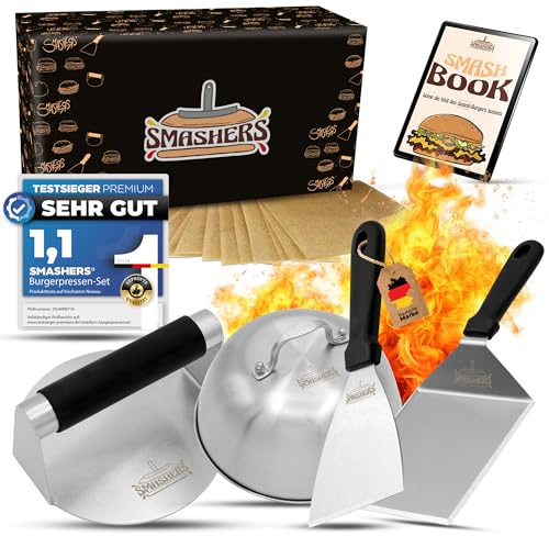 SMASHERS Smash Burger Set – Burger Smasher Set mit Burgerpresse, Grillspachtel, Pfannenwender & Burgerglocke - Inkl. E-Book mit Smash Burger Rezepten & Burgerpapier (6-TLG.)