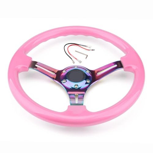 Sportlenkrad,Drifting Steering Wheel,Lenkrad Universal 350mm 14Inch Classic ABS Auto-Sport-Lenkrad mit Neo-Chromspeichen(Pink)