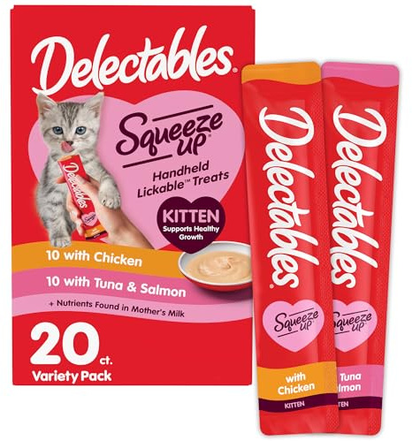 Delectables Squeeze Up Kitten Variety Pack, Creamy Squeezable Puree, Lickable Wet Cat Treats, Grain Free, No Added Fillers, No by-Products, No Added Preservatives, 0.5 Ounces Tube, 20 Tubes Total