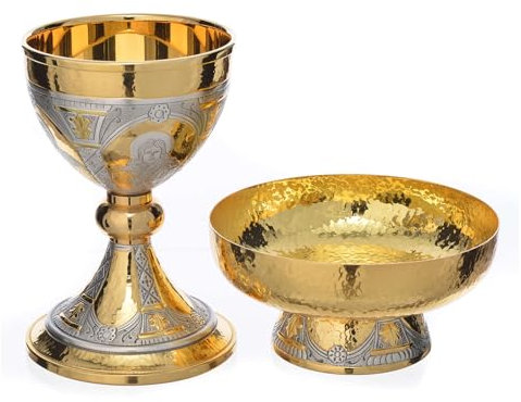 Holyart Chalice and bowl paten with evangelists symbol, PatenPaten diameter: 16 cm|Paten height: 7 cm|Chalice cup diameter: 11 cm|Chalice height: 17.5 cm
