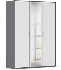 Rauch Möbel Hamilton, Kleiderschrank, Schrank, Garderobe, Organizer, 3-türig, mit Spiegel, Farbe Weiß/Grau metallic, Schwarz, Kurze Griffleiste Grau metallic, 140x194x54cm