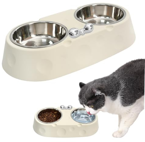 Ciotole rialzate per gatti con motivo formaggio e fiocco, 2 in 1, in acciaio inox, set di ciotole per cibo e acqua per gatti e cani di piccola taglia, antiscivolo, per gatti e cani di piccola taglia