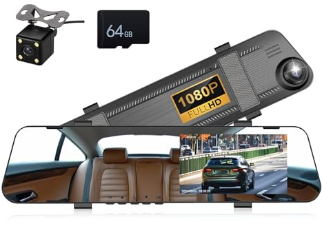 OiLiehu Mirror Dash Cam, Dual Dash Cam Rear and Front 1080P with Wide Angle, Night Vision, 4.5 Touch Screen Front and Rear Camera with Parking Assistance, Loop Record, Motion Detection, 64G Card