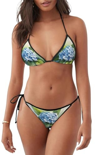 WHJSHOP Maillot de bain 2 pièces bikini hortensia imprimé aquarelle triangle maillots de bain, noir, Taille M