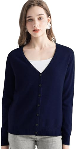 Chanyarn Women's 100% Pure Cashmere Cardigan V-Neck Long Sleeve 2025 Fall Winter Warm Soft Knit Cardigan Sweater (Navy Blue,S)