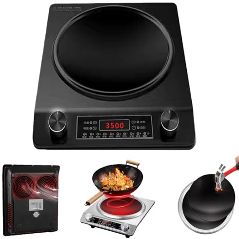 Piano Cottura a Induzione da 3500 W, Piano Cottura a Induzione dal Design Concavo, 10 Livelli di Temperatura, Piano Cottura Portatile di Grado Commerciale, Adatto al Wok per Friggere e Bollire black